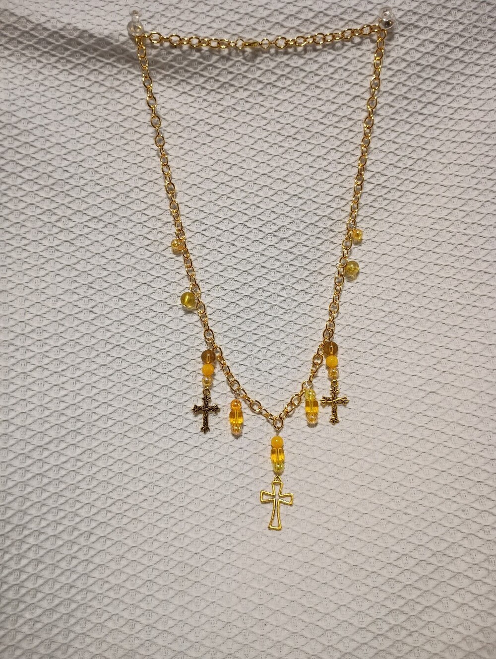 Gold Cross Charm Necklace with Yellow Beads - Women Jewelry